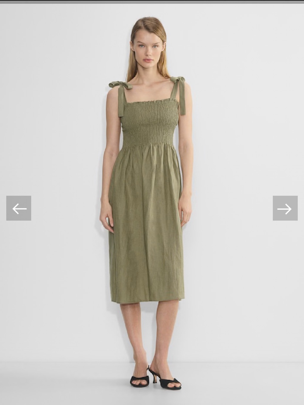 Aritzia Wilfred Tie-Shoulder Smocked Midi Linen Dress